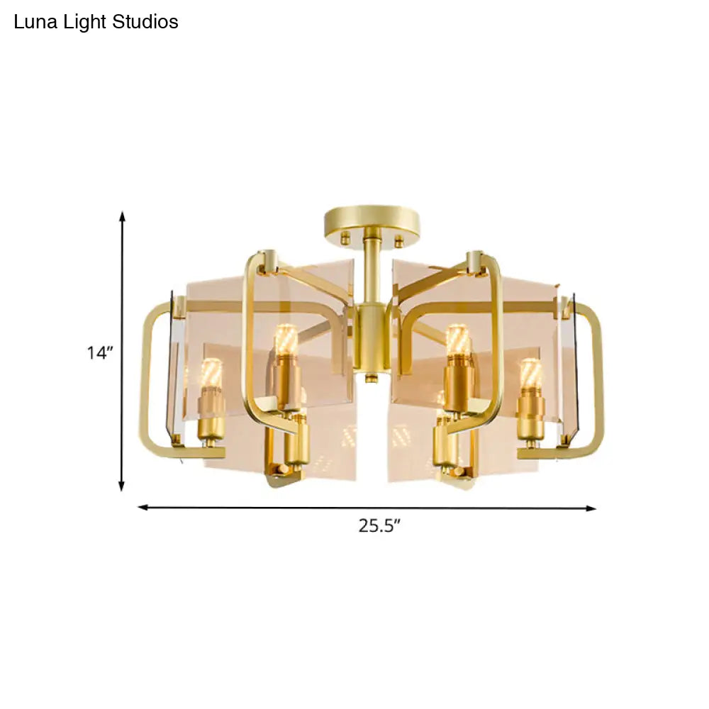 Modernist Semi Flush Light With Gold Rectangle Panel Tan Glass Shade And Drum Design - 6 Bulb