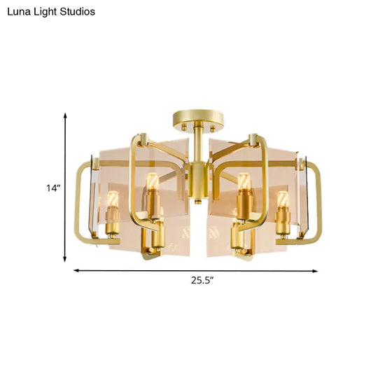 Modernist Semi Flush Light With Gold Rectangle Panel Tan Glass Shade And Drum Design - 6 Bulb