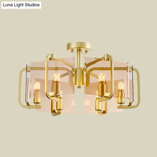 Modernist Gold Rectangle Panel Semi Flush Light - 6 Bulb Tan Glass Lamp With Drum Design