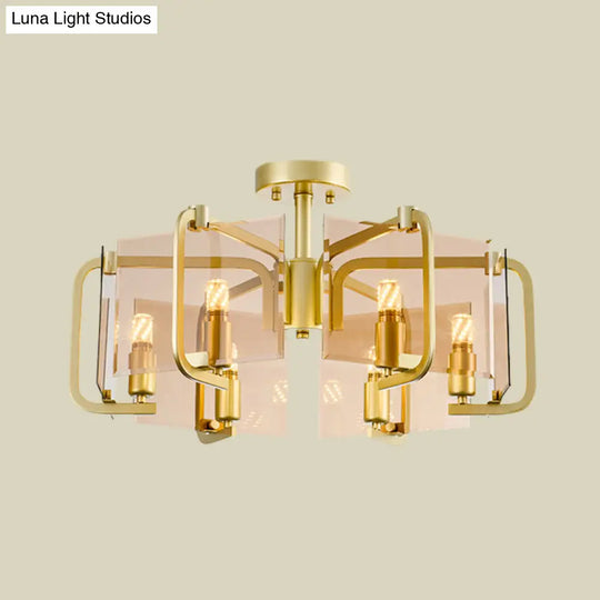 Modernist Semi Flush Light With Gold Rectangle Panel Tan Glass Shade And Drum Design - 6 Bulb