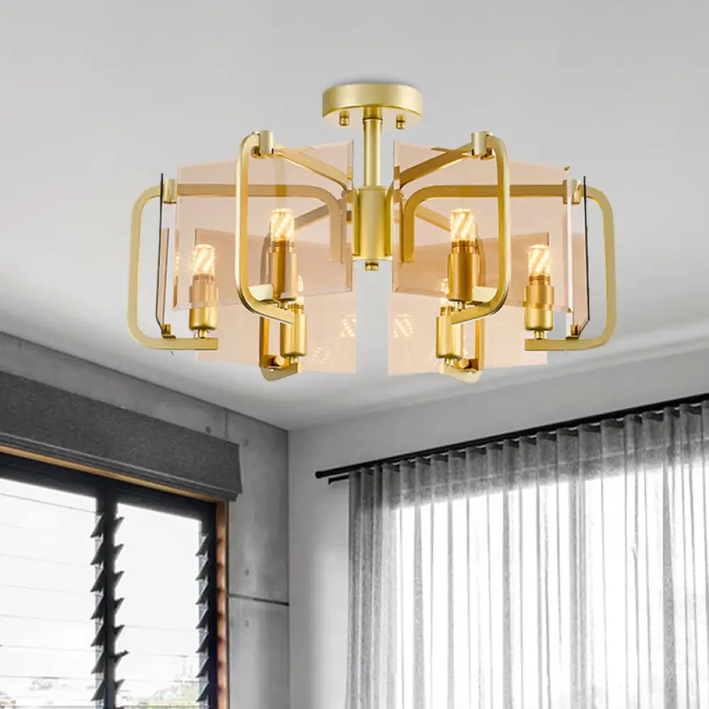 Modernist Semi Flush Light With Gold Rectangle Panel Tan Glass Shade And Drum Design - 6 Bulb