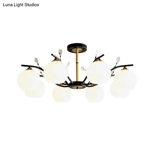 Modernist Semi Flush Mount Ceiling Light - Cream/Clear Glass Black And Gold Crystal Accent 8 - Bulb