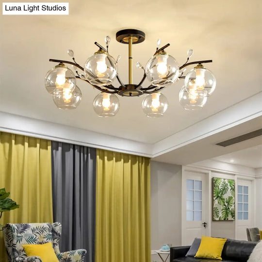 Modernist Semi Flush Mount Ceiling Light - Cream/Clear Glass Black And Gold Crystal Accent 8-Bulb