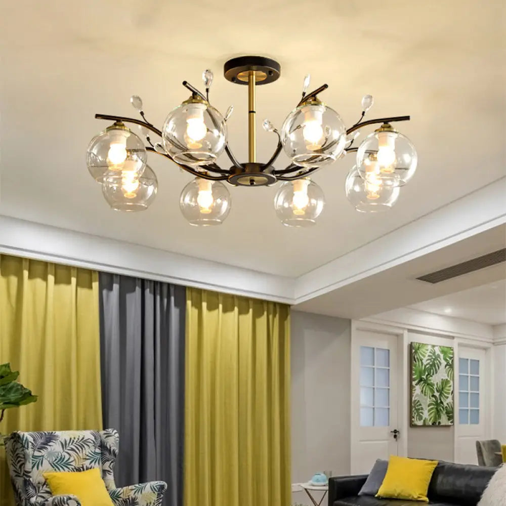 Modernist Semi Flush Mount Ceiling Light - Cream/Clear Glass Black And Gold Crystal Accent 8 - Bulb