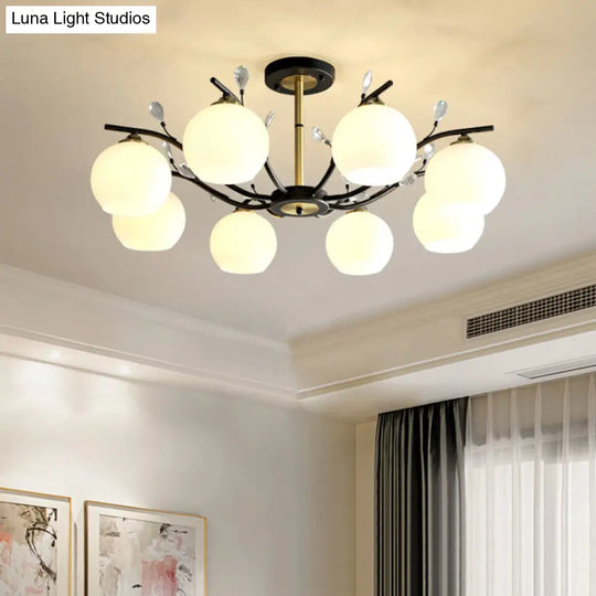 Modernist Semi Flush Mount Ceiling Light - Cream/Clear Glass Black And Gold Crystal Accent 8-Bulb