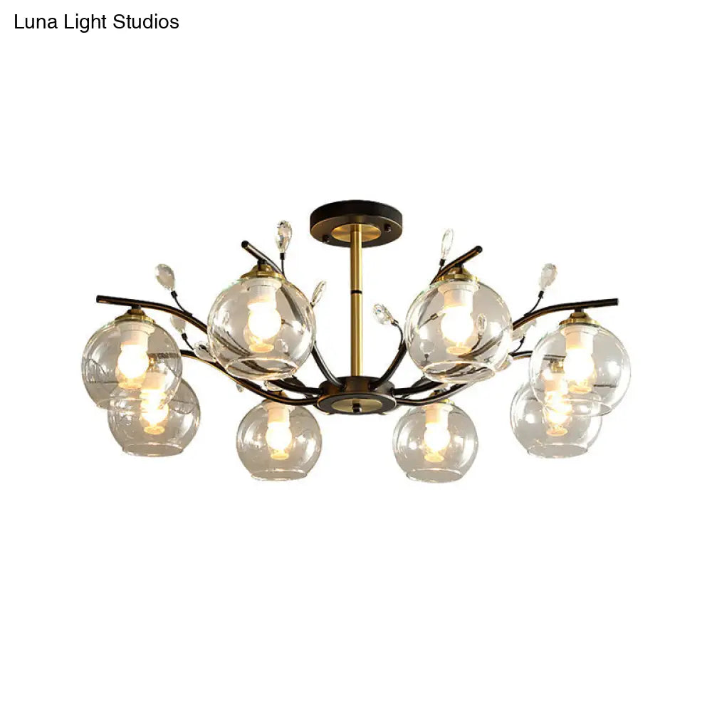 Modernist Semi Flush Mount Ceiling Light - Cream/Clear Glass Black And Gold Crystal Accent 8-Bulb