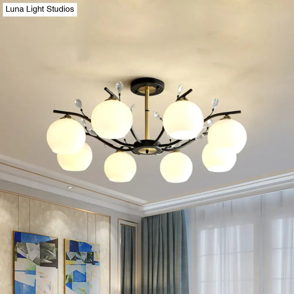Modernist Semi Flush Mount Ceiling Light - Cream/Clear Glass Black And Gold Crystal Accent 8-Bulb