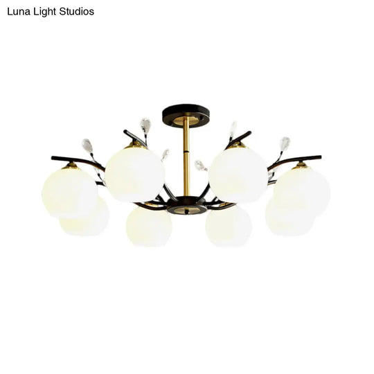 Modernist Semi Flush Mount Ceiling Light - Cream/Clear Glass Black And Gold Crystal Accent 8-Bulb