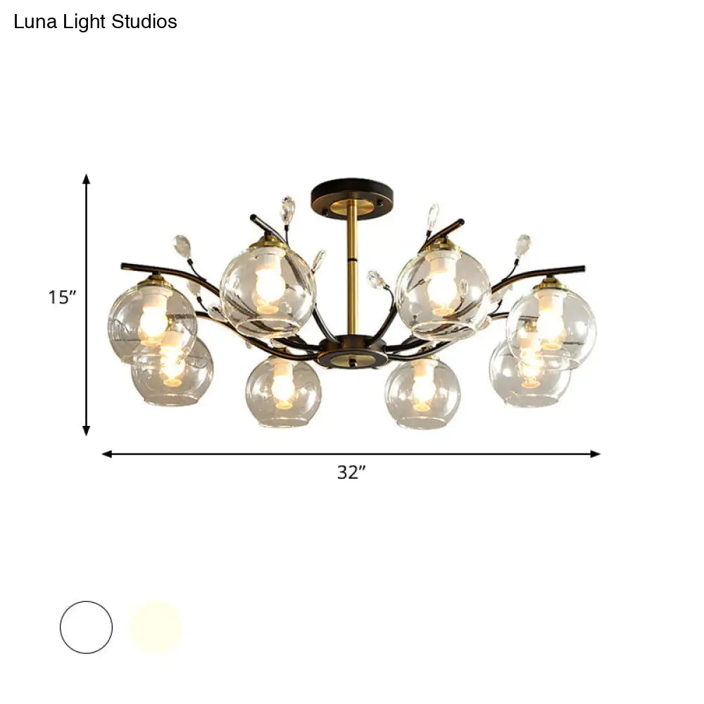 Modernist Semi Flush Mount Ceiling Light - Cream/Clear Glass Black And Gold Crystal Accent 8-Bulb