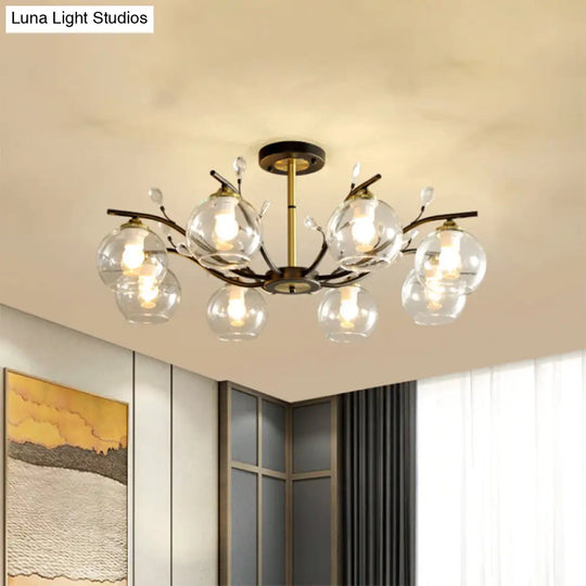 Modernist Semi Flush Mount Ceiling Light - Cream/Clear Glass Black And Gold Crystal Accent 8 - Bulb