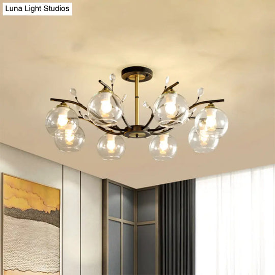 Modernist Semi Flush Mount Ceiling Light - Cream/Clear Glass Black And Gold Crystal Accent 8-Bulb