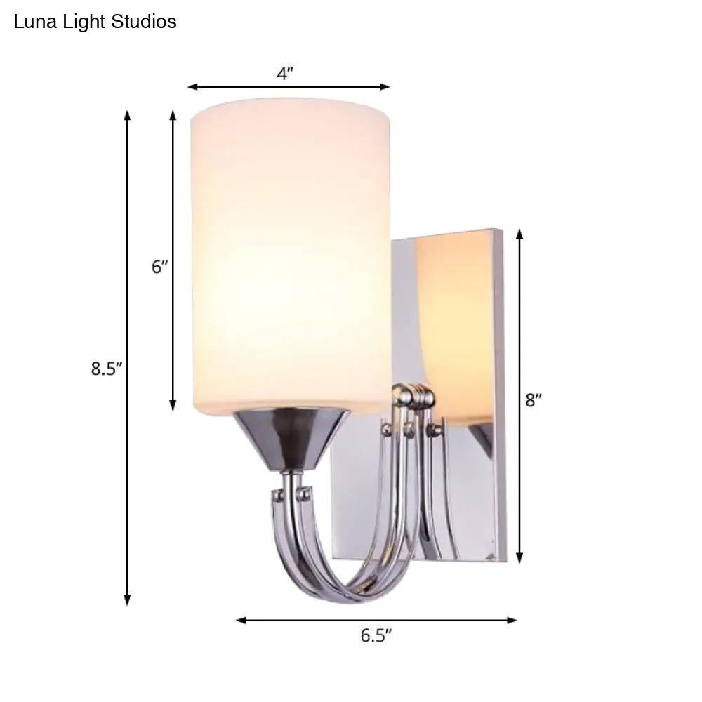 Modernist Silver Cylindrical Sconce Light: Wall-Mounted Lamp With Curved Arm & White Glass Shade