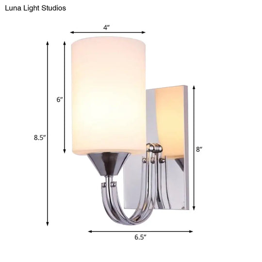 Modernist Silver Cylindrical Sconce Light: Wall-Mounted Lamp With Curved Arm & White Glass Shade