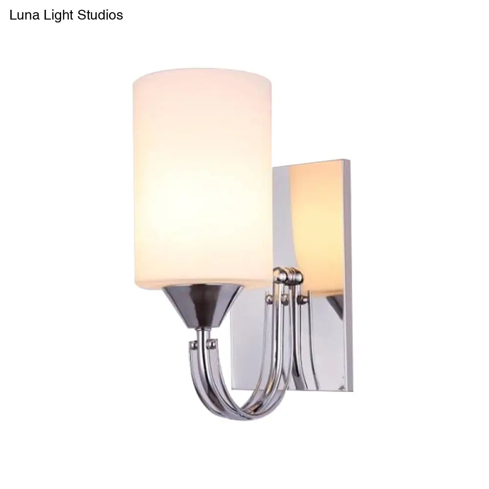 Modernist Silver Cylindrical Sconce Light: Wall-Mounted Lamp With Curved Arm & White Glass Shade