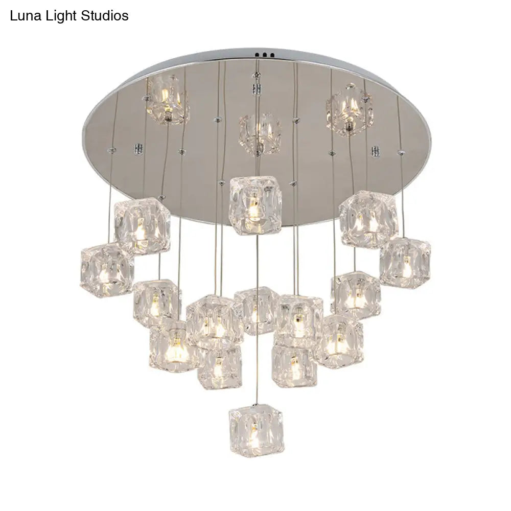 Modernist Silver Led Ceiling Lamp With Clear Crystal Cube Multi-Pendant - 15 Lights