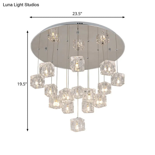 Modern Clear Crystal Cube Multi-Pendant 15-Light Silver Led Ceiling Lamp