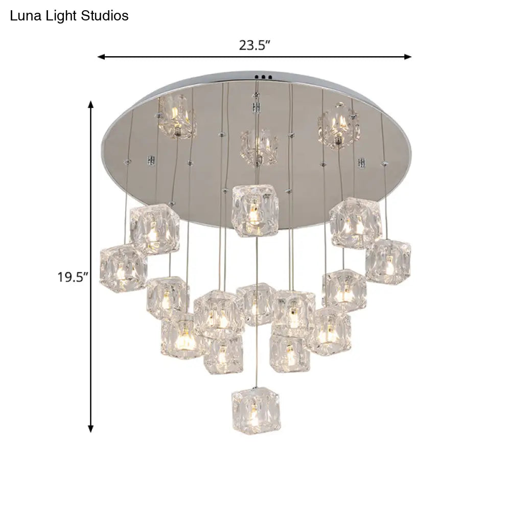 Modernist Silver Led Ceiling Lamp With Clear Crystal Cube Multi-Pendant - 15 Lights