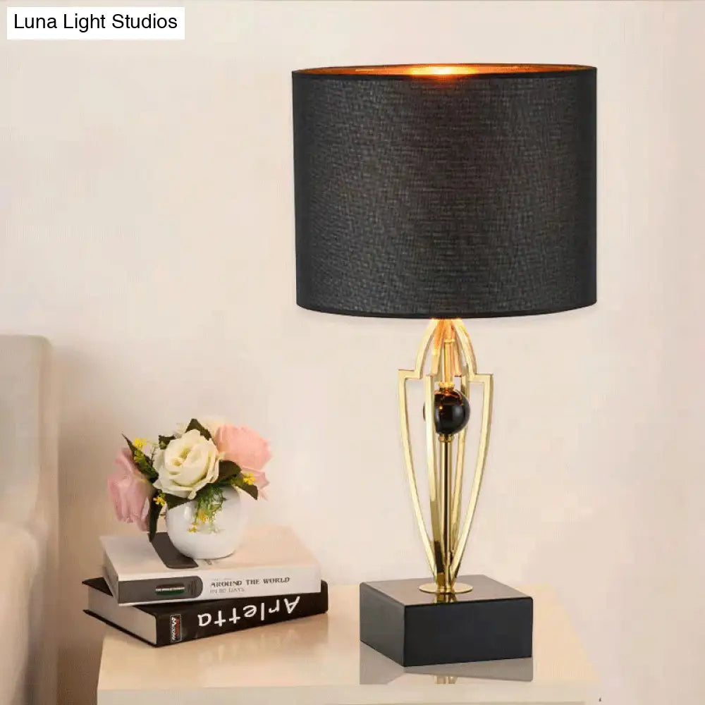 Modernist Small Black Desk Lamp With Marble Base - Fabric Drum Task Light For Efficient Lighting