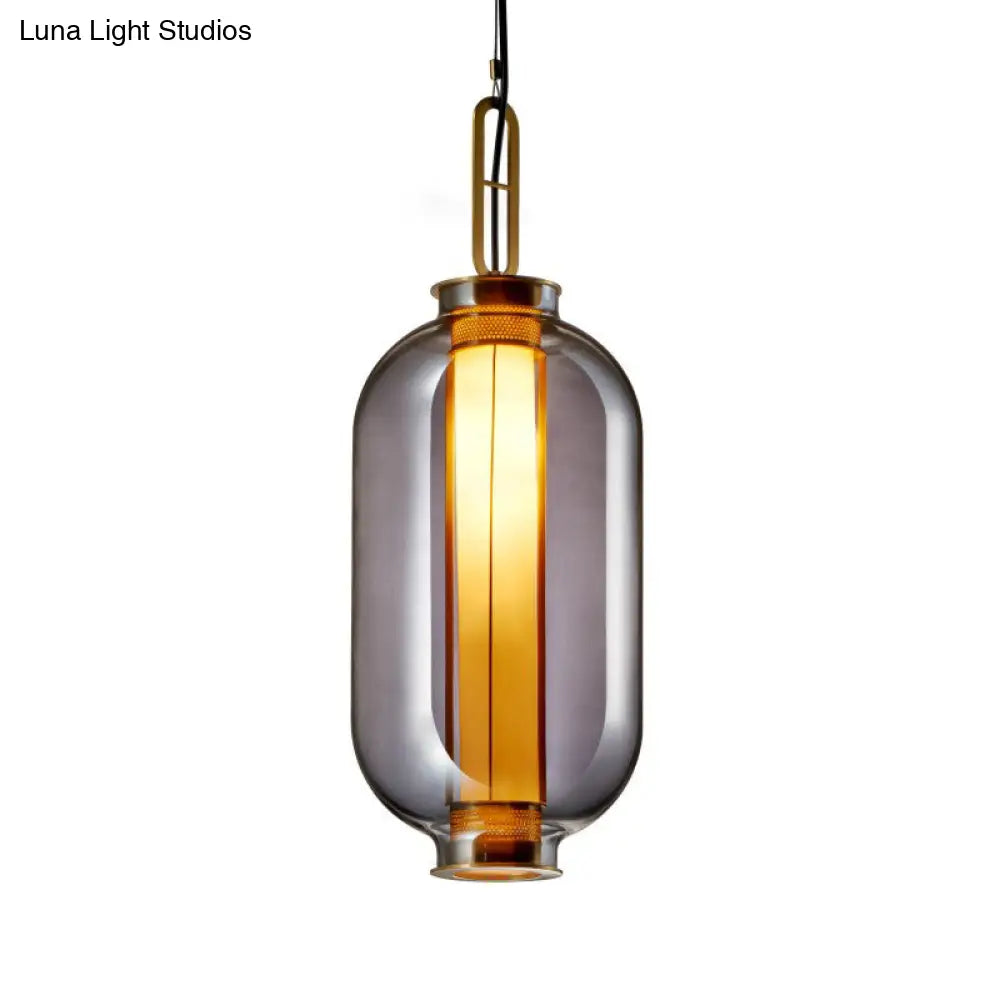 Modernist Smoke Glass Cylindrical Suspension Light - Stylish 1 Bulb Hanging Lamp For Living Room