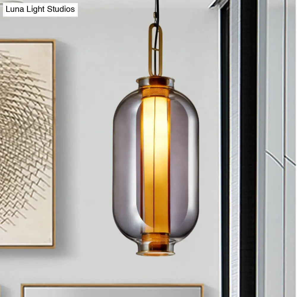 Modernist Smoke Glass Cylindrical Suspension Light - 1 Bulb Hanging Lamp For Living Room