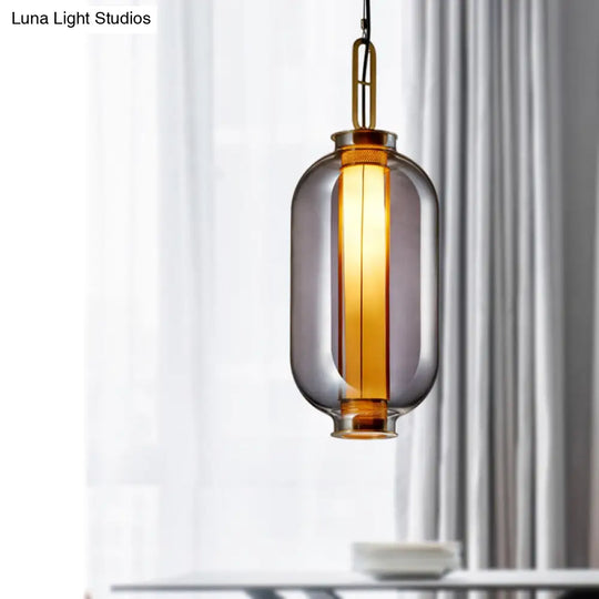 Modernist Smoke Glass Cylindrical Suspension Light - Stylish 1 Bulb Hanging Lamp For Living Room