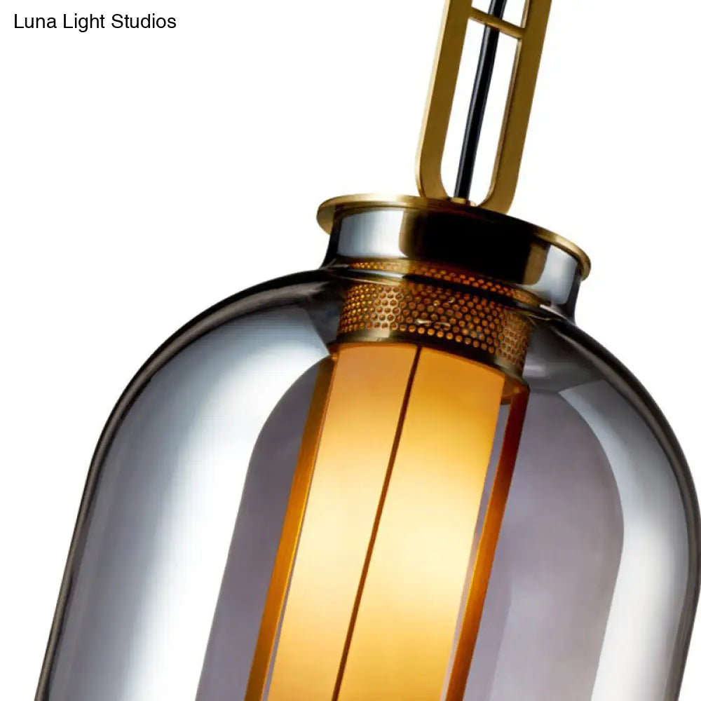 Modernist Smoke Glass Cylindrical Suspension Light - Stylish 1 Bulb Hanging Lamp For Living Room