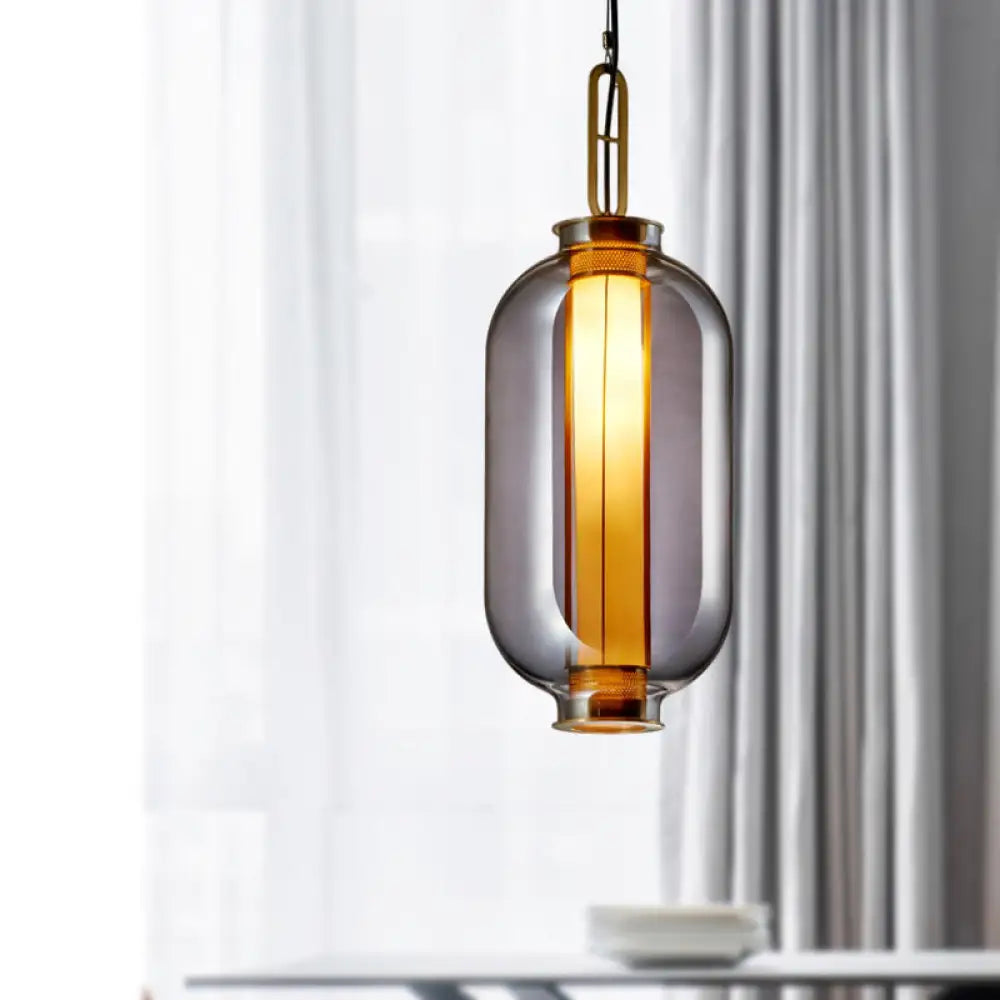 Modernist Smoke Glass Cylindrical Suspension Light - 1 Bulb Hanging Lamp For Living Room Gray