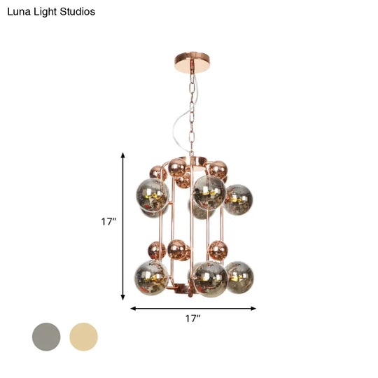 Modernist Smoke Gray/Amber Glass 10-Light Ball Chandelier: Elegant Rose Gold Ceiling Suspension Lamp
