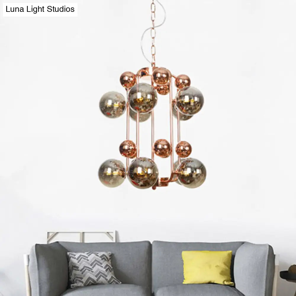 Modern Smoke Gray/Amber Glass 10-Light Rose Gold Chandelier With Hanging Balls
