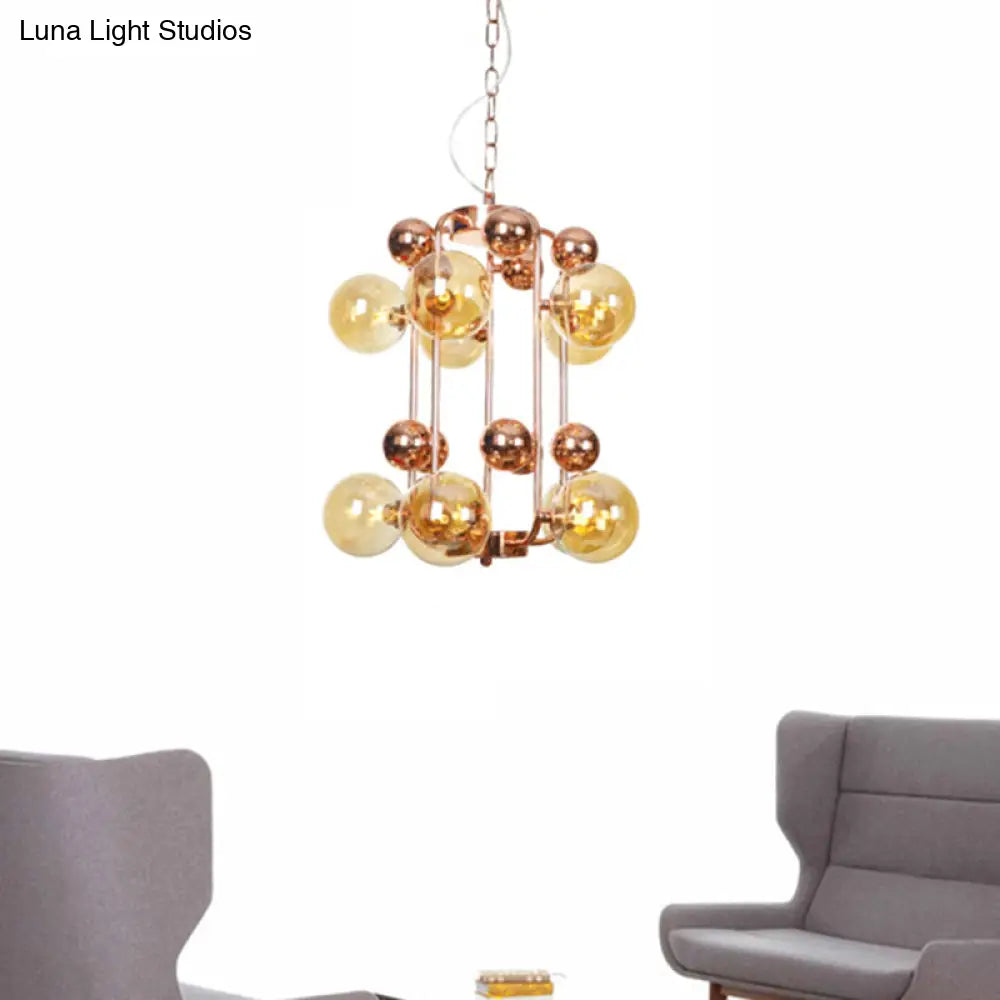 Modernist Smoke Gray/Amber Glass 10-Light Ball Chandelier: Elegant Rose Gold Ceiling Suspension Lamp