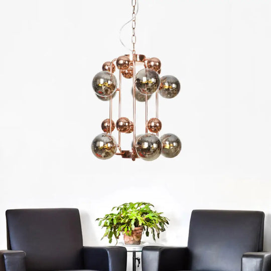 Modernist Smoke Gray/Amber Glass 10-Light Ball Chandelier: Elegant Rose Gold Ceiling Suspension