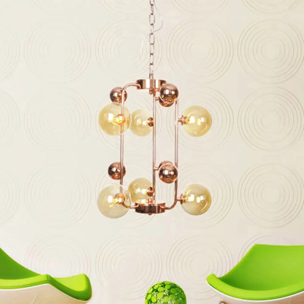 Modernist Smoke Gray/Amber Glass 10-Light Ball Chandelier: Elegant Rose Gold Ceiling Suspension
