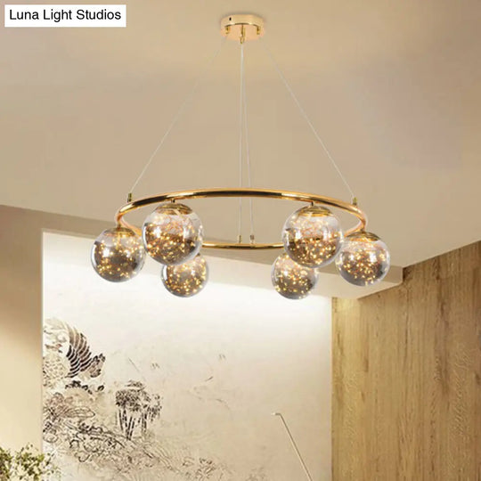 Modernist Smoke Gray Glass Ball Chandelier With Brass Ring - 6 Heads Hanging Lighting And Unique