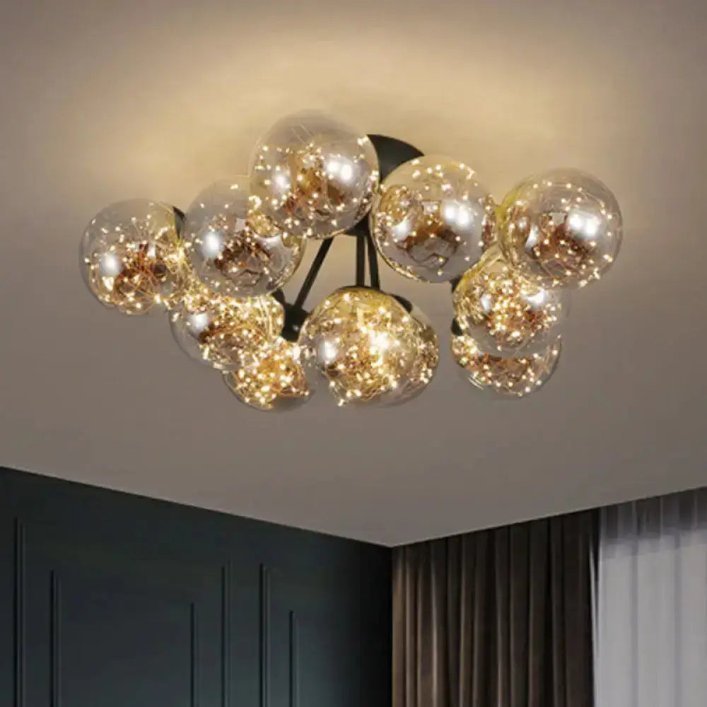 Modernist Smoky Grey Glass Led Flushmount Light With Starry Effect - Ideal For Bedroom Ceiling