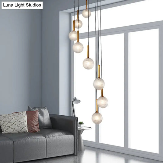 Modern Spiral Pendant Light With 8/9 Bulbs - White/Clear Lattice Glass Cluster Ceiling Fixture