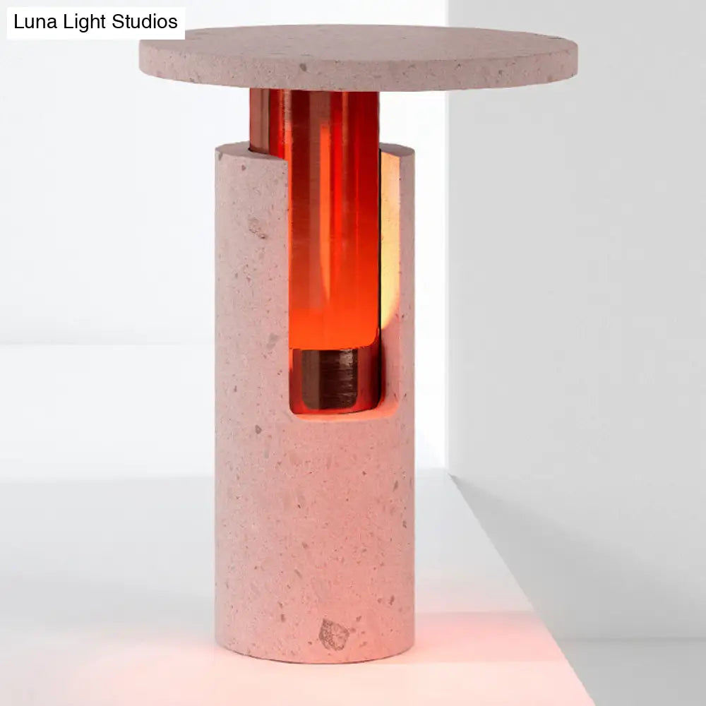 Modernist Stone Cylinder Nightstand Lamp In Pink - Perfect Bedside Reading Light