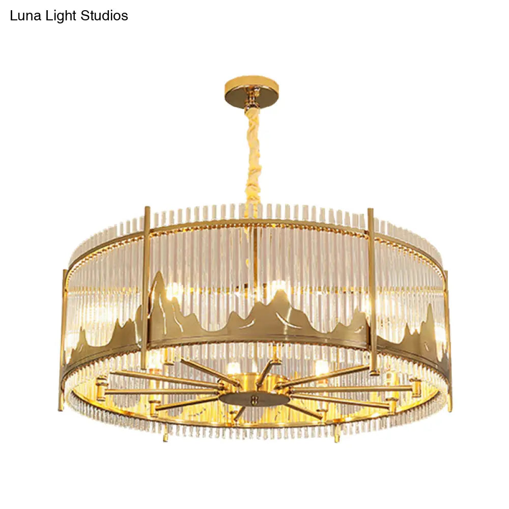 Modernist Strip Crystal Gold Drum Ceiling Chandelier - 8-Light Pendant With Mountain Pattern