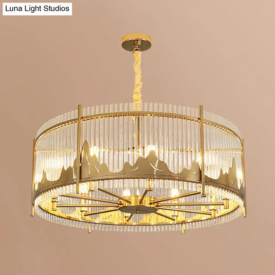 Modernist Strip Crystal Gold Drum Ceiling Chandelier - 8-Light Pendant With Mountain Pattern