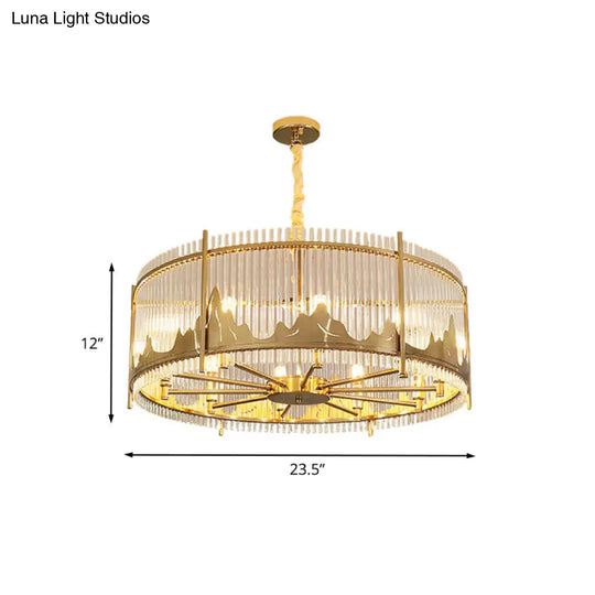 Modernist Strip Crystal Gold Drum Ceiling Chandelier - 8-Light Pendant With Mountain Pattern