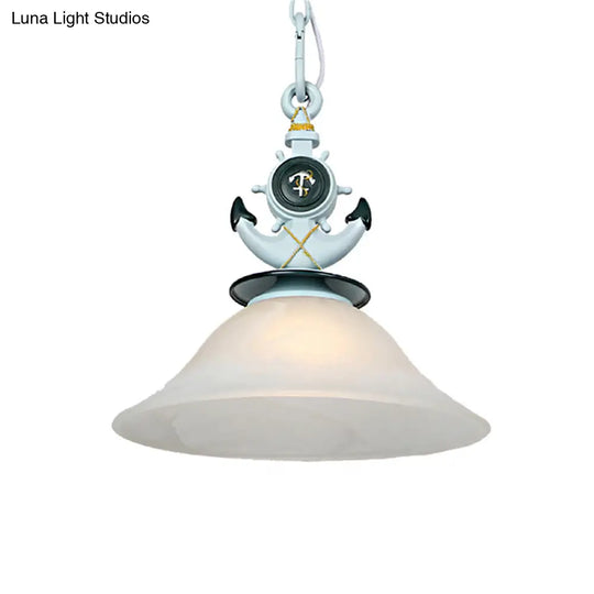 Modernist Style Bell Opal Glass Pendant Light With Anchor Deco - Blue/White Finish