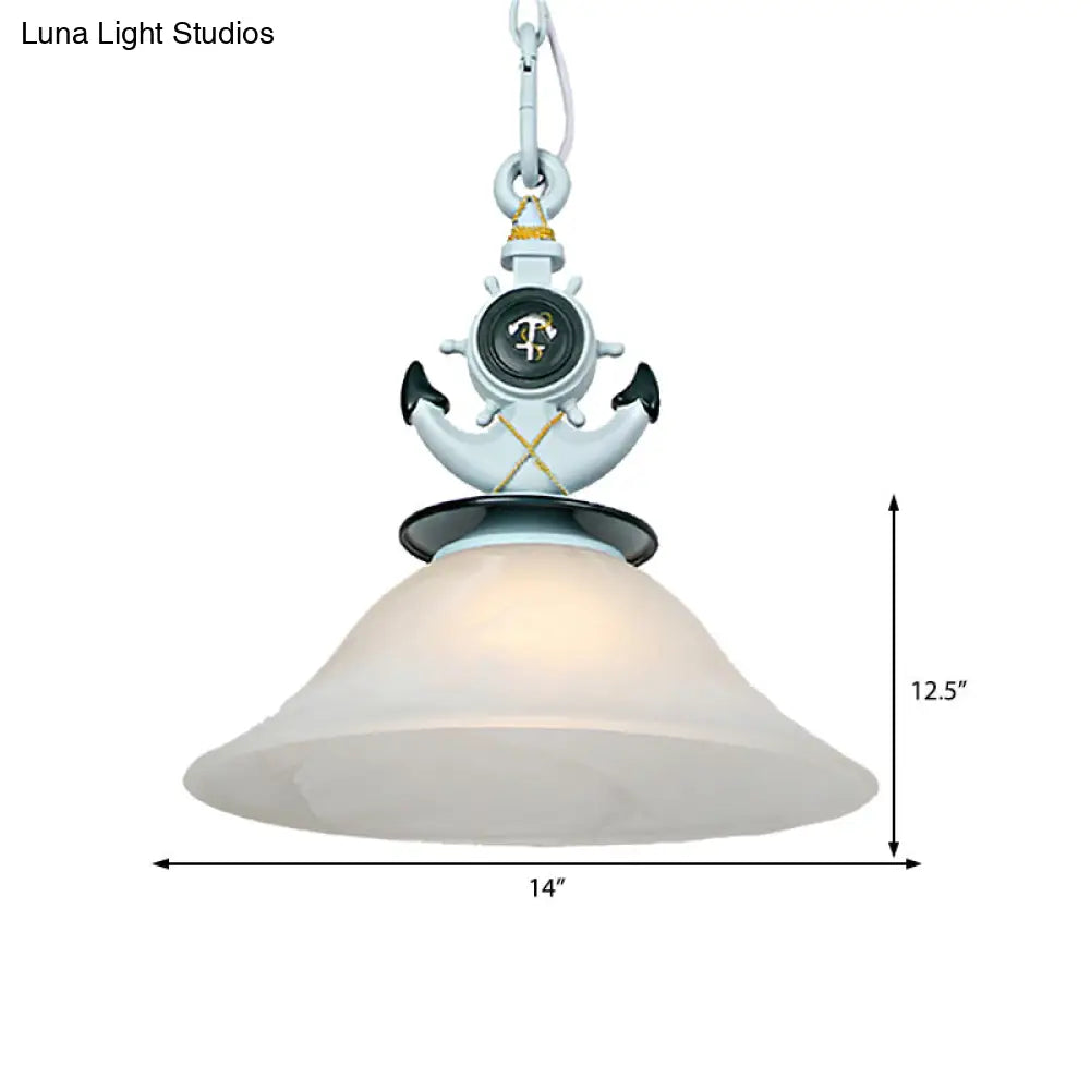 Modernist Style Bell Opal Glass Pendant Light With Anchor Deco - Blue/White Finish