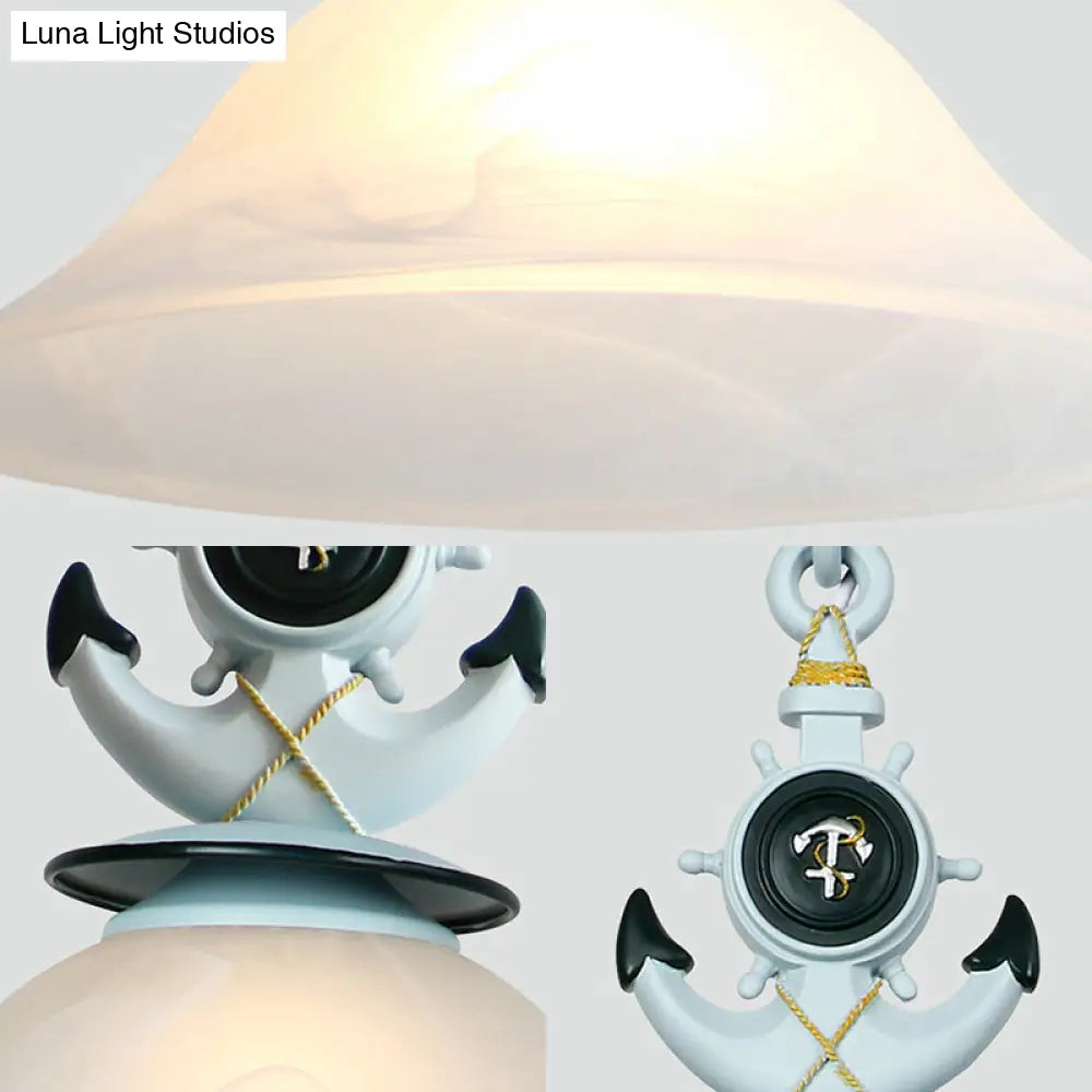 Modernist Style Bell Opal Glass Pendant Light With Anchor Deco - Blue/White Finish