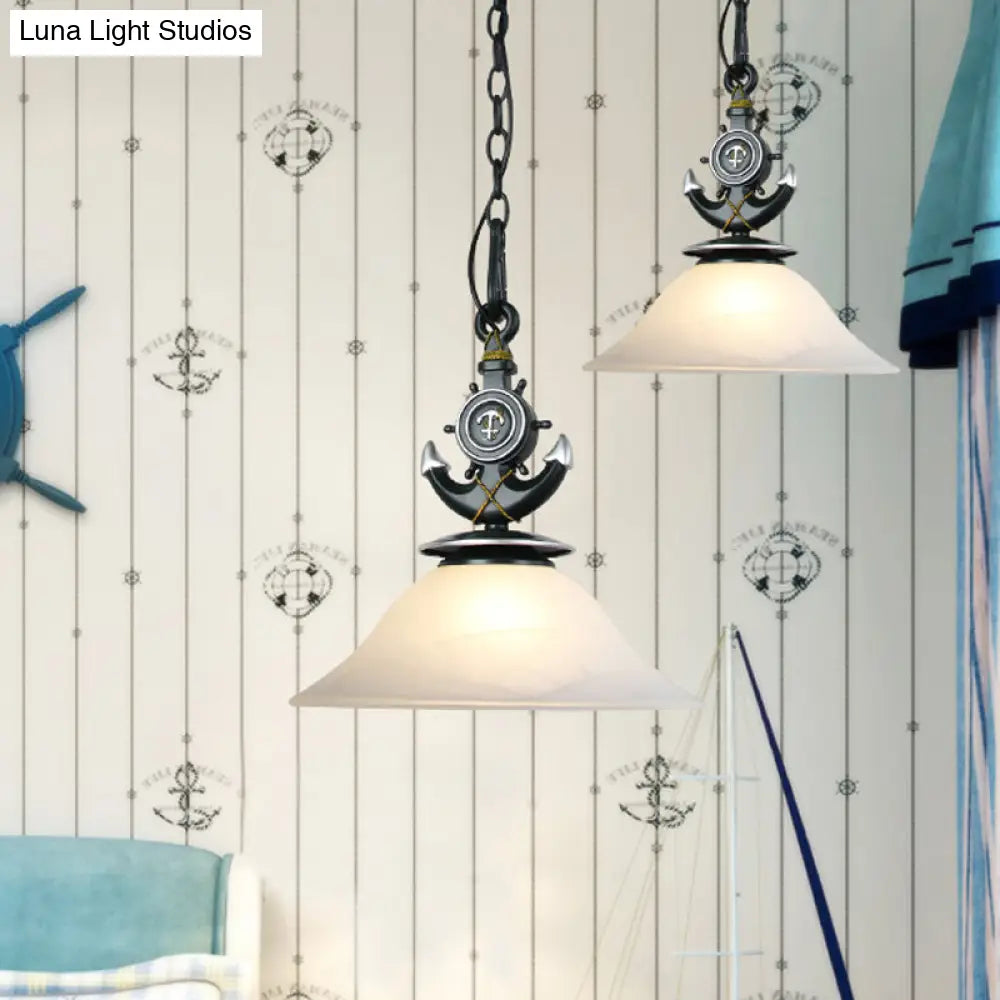 Modernist Style Bell Opal Glass Pendant Light With Anchor Deco - Blue/White Finish