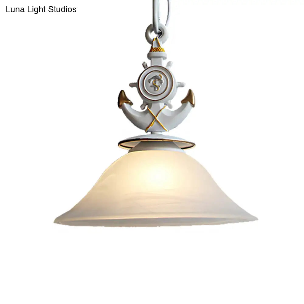 Modernist Style Bell Opal Glass Pendant Light With Anchor Deco - Blue/White Finish