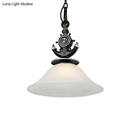 Modernist Style Bell Opal Glass Pendant Light With Anchor Deco - Blue/White Finish