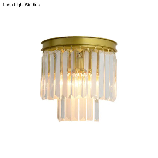 Modernist Style Gold Wall Lamp With Clear Faceted Crystal And 2 Bulbs - Elegant Light Fixture