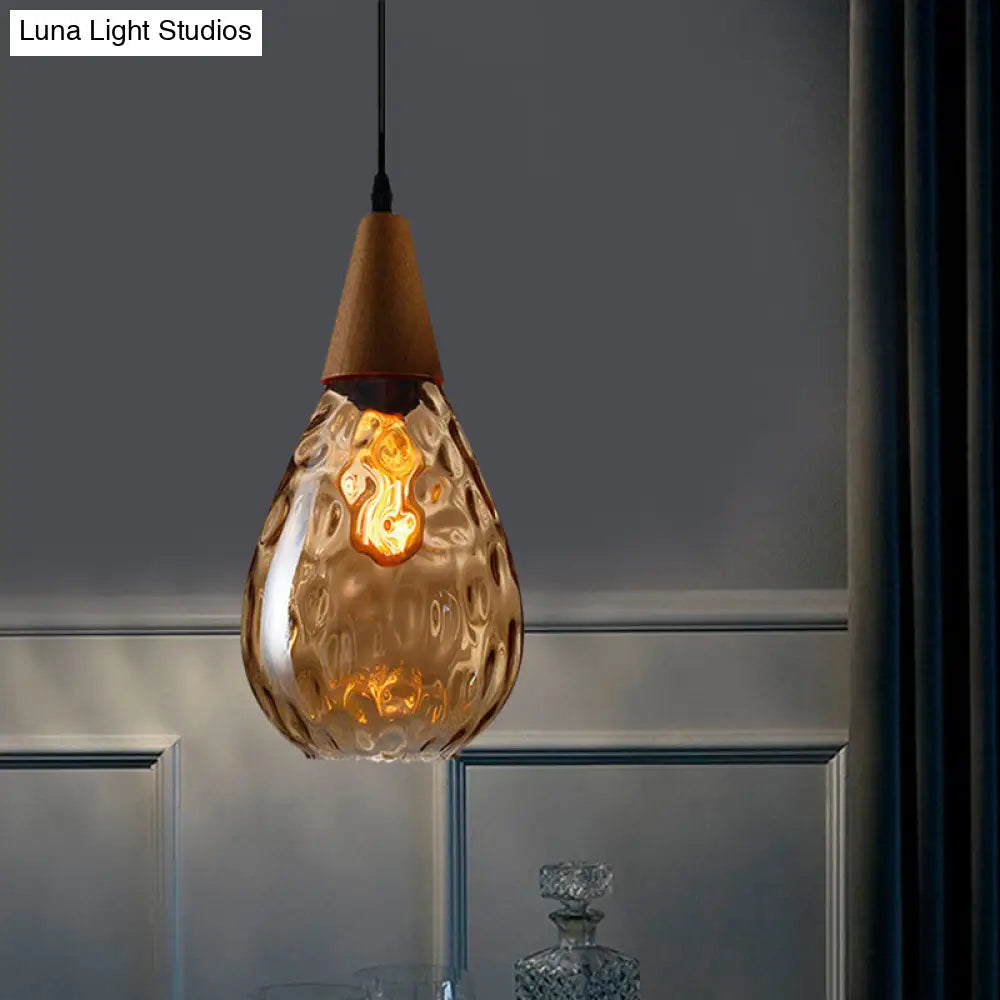 Teardrop Pendant Lamp - Modernist Style Amber/Clear Dimpled Glass 1 Light Indoor Fixture 6/8 Width