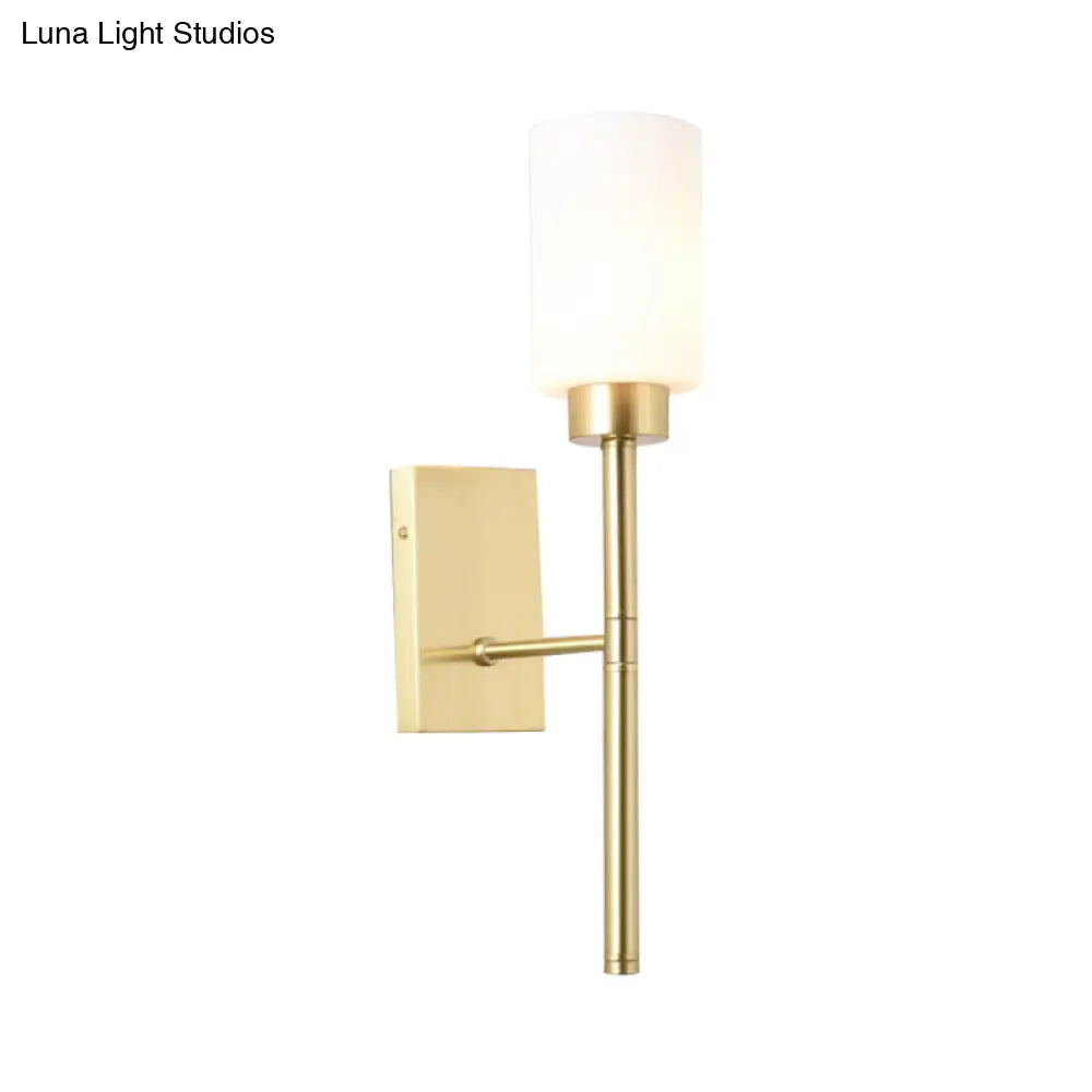 Modernist Style White Glass Cylinder Wall Sconce With Brass Finish - Bedroom Light