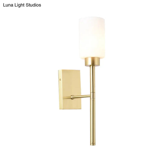 Modernist Style White Glass Cylinder Wall Sconce With Brass Finish - Bedroom Light