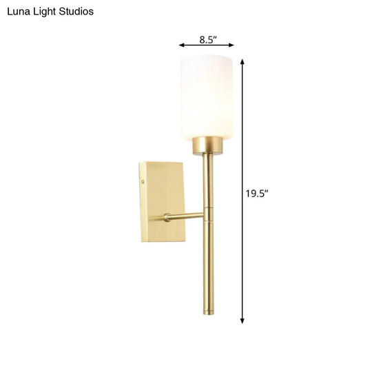 Modernist Style White Glass Cylinder Wall Sconce With Brass Finish - Bedroom Light